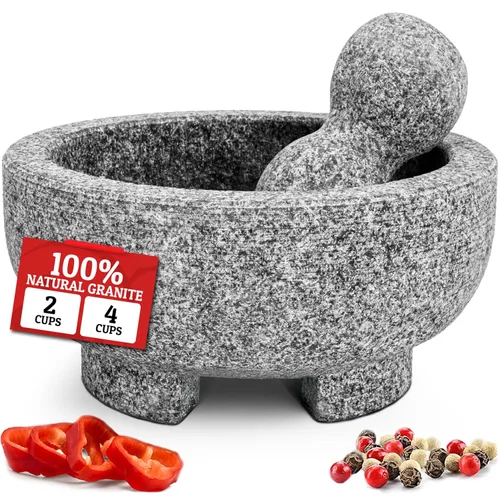 Vista 7 de PriorityChef - Juego de mortero y mano de mortero de granito – Molcajete Mexicano de piedra natural de 6.1 pulgadas para especias, condimentos
