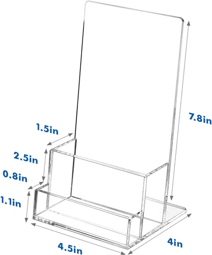 Vista 3 de BEYGORM Soporte acrílico para folletos de 4 pulgadas con tarjetero para 100 folletos, paquete de 2 soportes transparentes para revistas, folletos