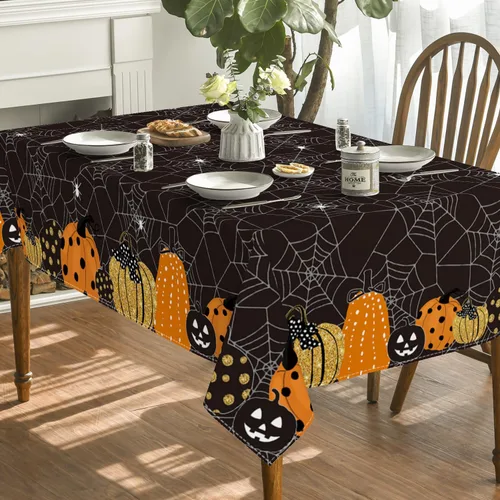 Vista 3 de Horaldaily Mantel rectangular de Halloween de 52 x 70 pulgadas, diseño de telaraña de calabaza con temática de miedo, color negro, lavable