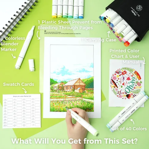 Vista 8 de Ohuhu Alcohol Markers 40 Colors Chisel Fine AP Certified for Adult Coloring