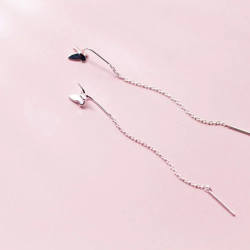 Vista 5 de Aretes colgantes minimalistas de plata de ley S925 con borla de mariposa para mujeres y niñas, lindo enhebrador simple, cadena larga, aretes