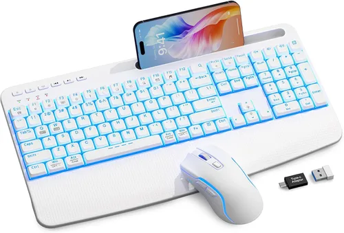 Vista 10 de SABLUTE KM25Pro - Combo de teclado inalámbrico y mouse, teclado ergonómico retroiluminado recargable con batería de 4000 mAh, reposamuñecas