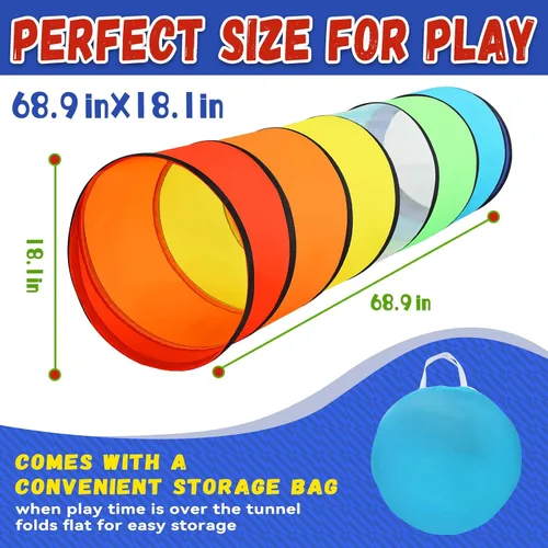 Vista 7 de Moncoland Tienda de campaña de túnel de juego para niños pequeños, paquete de 2 coloridos juguetes de túnel de gateo desplegable para bebés