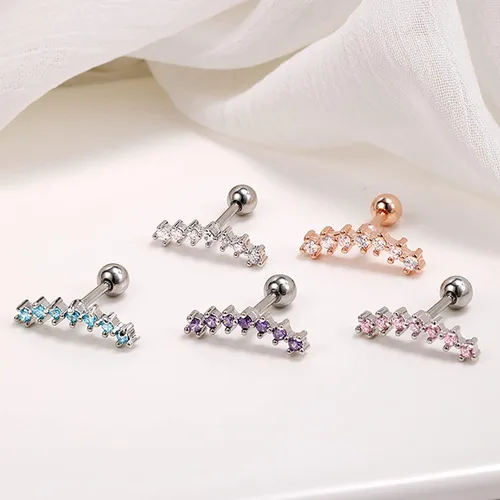 Vista 3 de ZS Curve Seven Stud CZ Aretes de acero inoxidable 316L para oreja, hélice, caracola, cartílago, piercing 5 colores mezclados