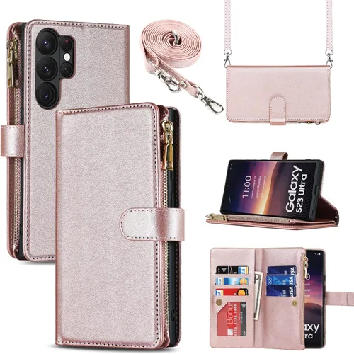 Vista 14 de Cavor Funda tipo cartera cruzada para Samsung Galaxy S22 Plus, color negro Funda de cuero con cierre magnético con cremallera y función atril TPU