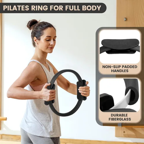 Vista 3 de Kit esencial de pilates para entrenamientos en casa, juego de equipo de pilates negro con pelota de yoga de 9 pulgadas, deslizador de pilates, banda