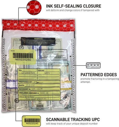Vista 3 de Nadex Bolsas de depósito bancario a prueba de manipulaciones de 9 x 12 pulgadas con FRAUDSTOPPER - 4 indicadores de seguridad de manipulación