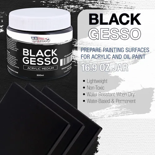 Vista 2 de U.S. Art Supply imprimación de gesso negro - 16.9 oz (500 ml) para pintura al óleo y acrílica - Cobertura superior, preparación de lienzo, pintura