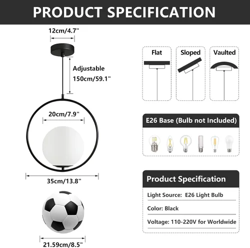 Vista 2 de KCO Iluminación moderna de globo de vidrio esmerilado, lámpara colgante de 1 luz grande globo colgante lámpara colgante de bola ajustable para isla
