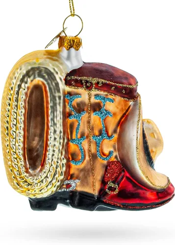 Vista 5 de Botas de vaquero y sombrero de cristal soplado adorno de Navidad