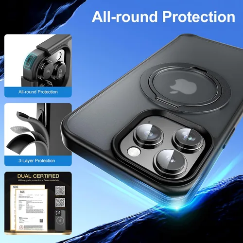 Vista 3 de Facbiny Funda diseñada para iPhone 15 Pro Max con soporte invisible [protección militar contra caídas], anillo giratorio de 360°, funda translúcida