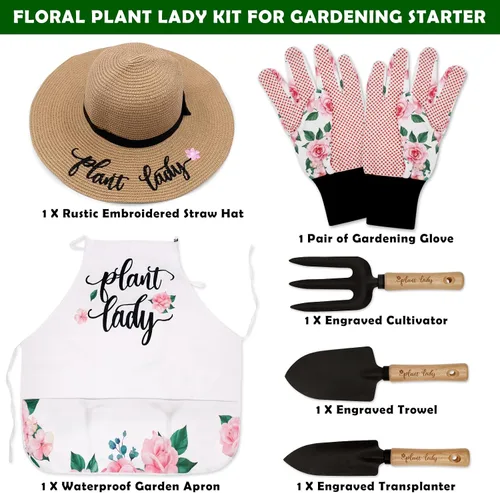 Vista 3 de Percozzi Plant Lady - Herramienta de jardinería para mamá, kit de herramientas de jardinería, sombrero de paja, delantal floral, guante para su
