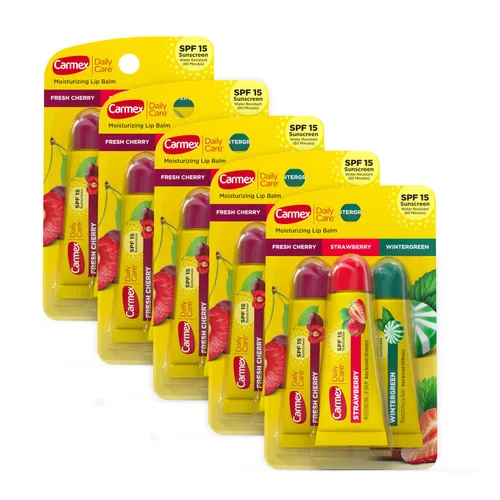 Vista 11 de Carmex Daily Care - Paquete de bálsamo labial hidratante, bálsamo labial con protector solar en cereza fresca, fresa y gaulteria, 0.35 onzas