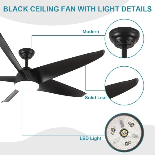 Vista 6 de Ventiladores de techo negros con luces y control remoto, ventilador de techo de perfil bajo de 5 aspas de 60 pulgadas, modernos ventiladores
