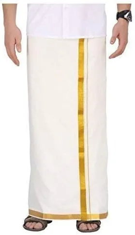 Vista 3 de Pareo Dhoti Lungi de algodón puro con borde dorado Zari 3.6 Mts-Crema, Crema