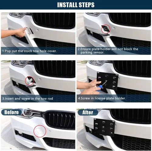 Vista 6 de PTNHZ Soporte de Placa de Matrícula de Gancho de Remolque de Parachoques Delantero de Aluminio Compatible con BMW F-Series 11-on F30 F31 F10 F11 F07