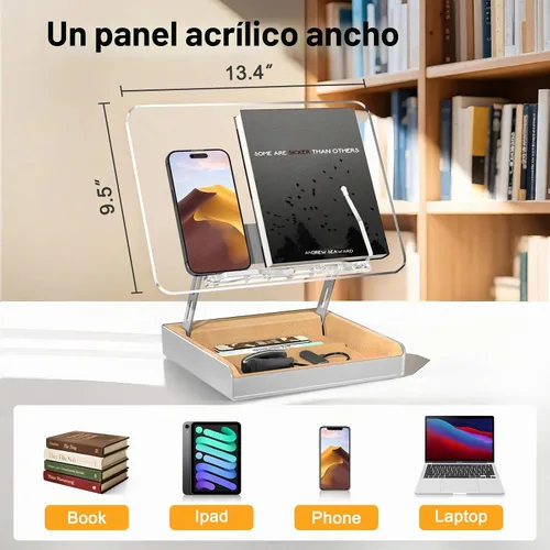 Vista 7 de Soporte para libros con almacenamiento, soporte para libros para lectura con manos libres, soporte de madera para libros de cocina para encimera