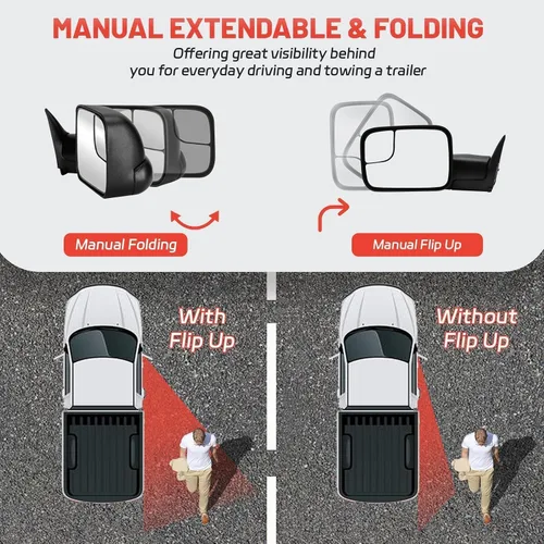 Vista 6 de Espejos de remolque para conductor y pasajero para Dodge Ram 1500 1994-2001, Ram 2500 3500 1994-2002 Ajustable manual, plegado manual, juego