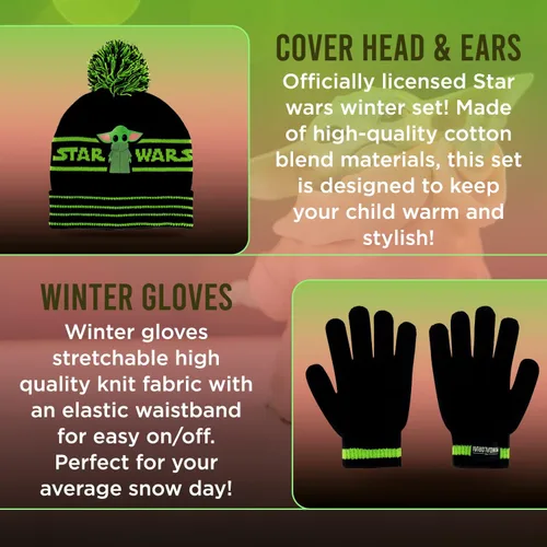 Vista 2 de Star Wars Baby Yoda - Gorro de invierno para niños y guantes de nieve o guantes para niños pequeños, 2 unidades, conjunto de guantes suaves y gorro