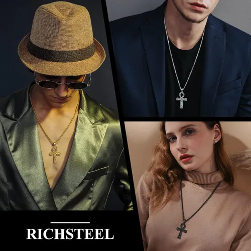 Vista 3 de Collar con colgante de cruz de Ankh chapado en acero inoxidable, oro y negro, para hombres y mujeres, con cadena de trigo, joyería religiosa