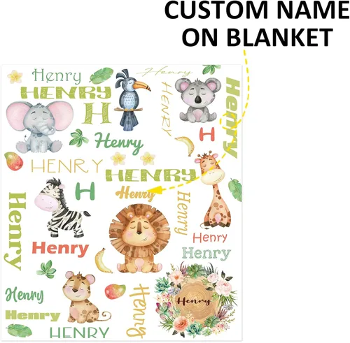 Vista 7 de KAINSY Manta personalizada de animales para niños y niñas, safari en la selva, manta con nombre personalizado para cama de cuarto de bebé