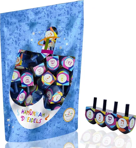 Vista 5 de The Dreidel Company Paquete de 10 unidades multicolor pintadas a mano de madera, el juego de Hanukkah, Let's Play Dreidel de 1.75 pulgadas