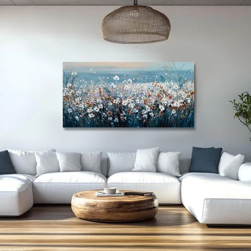 Vista 2 de GAIDUOMAI Lienzo de flores silvestres para dormitorio, lago azul, para colgar en la pared, obras de arte de naturaleza coloridas pinturas de pared