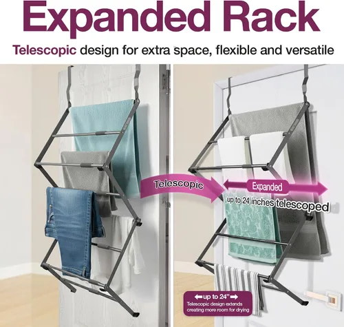 Vista 5 de BLACK+DECKER Estante de secado telescópico extensible sobre la puerta, organizador de ropa, colgador de toallas, lavandería, plegable, gris