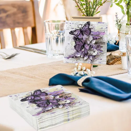 Vista 5 de AnyDesign 80 servilletas de papel de mariposa desechables de mariposas moradas, servilletas de almuerzo, estilo pintura al óleo, postre y cena