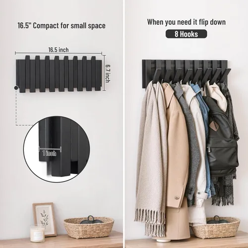 Vista 2 de Perchero de pared para entrada: madera plegable 8 ganchos