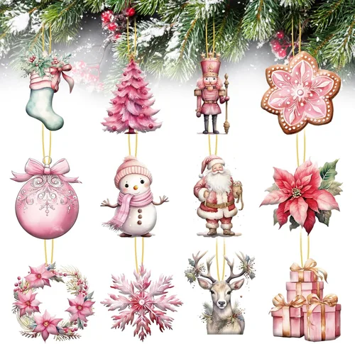 Vista 9 de 24 piezas de adornos vintage rosados de Navidad en madera para árbol colgante, adornos de árbol de Navidad en madera con muñeco de nieve rosado