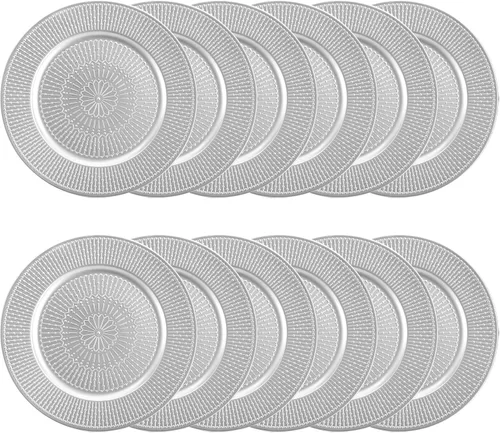 Vista 3 de DEAYOU Paquete de 12 platos de carga plateados, cargadores de cuentas de 13 pulgadas para platos de cena, platos de carga redondos reutilizables