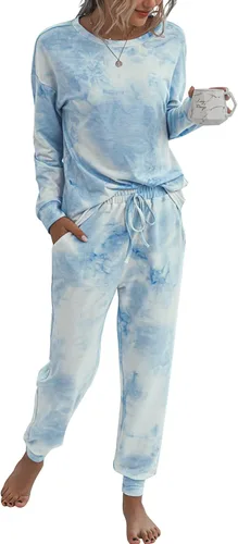 Vista 40 de Prettygarden - Conjunto de pijama de dos piezas para mujer, diseño de teñido anudado, sudadera informal de manga larga con pantalones largos, ropa