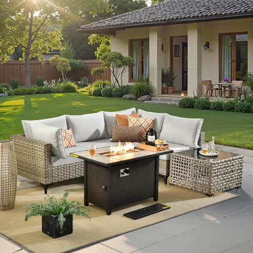 Vista 48 de ovios Muebles de patio de 8 piezas con hoguera, juego de conversación de mimbre de ratán para exteriores con mesa de centro brillante, cómodo sofá