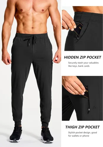 Vista 4 de Pantalones deportivos elásticos para hombre con bolsillos con cremallera, para correr, entrenamiento, gimnasio, atletismo, pantalones de golf