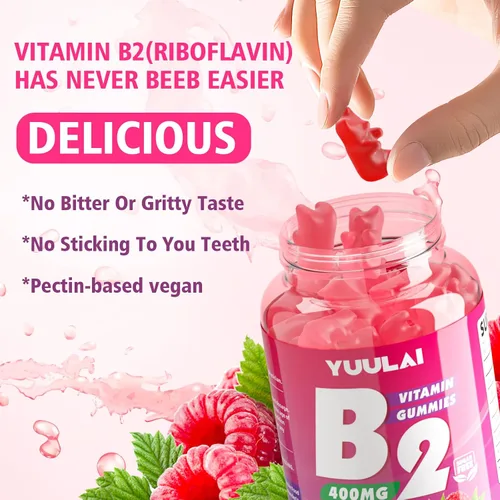 Vista 5 de Gomitas de vitamina B2 de 400 mg Suplemento de riboflavina con magnesio para niños y adultos, gomitas B2 para aliviar la migraña, el sistema