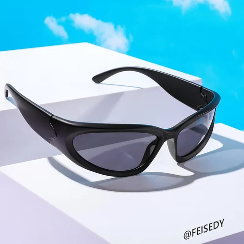 Vista 7 de FEISEDY Gafas de sol futuristas envolventes ovaladas y frescas Y2K con marco grueso, vintage de los años 90 para hombres y mujeres, B2951