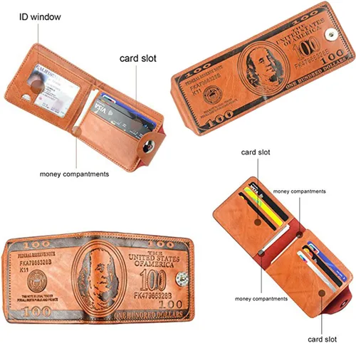 Vista 2 de Billetera de piel con diseño de billete de dólar con bolsillos plegables portatarjeta de crédito portafotos de LUI SUI