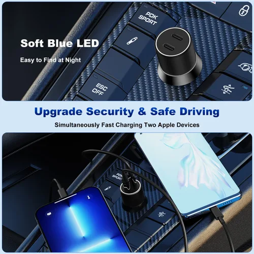Vista 6 de Cargador de coche para iPhone 14 13, [certificado Apple MFi] Adaptador rápido USB C de 45 W de doble puerto USB C para automóvil con cable Lightning