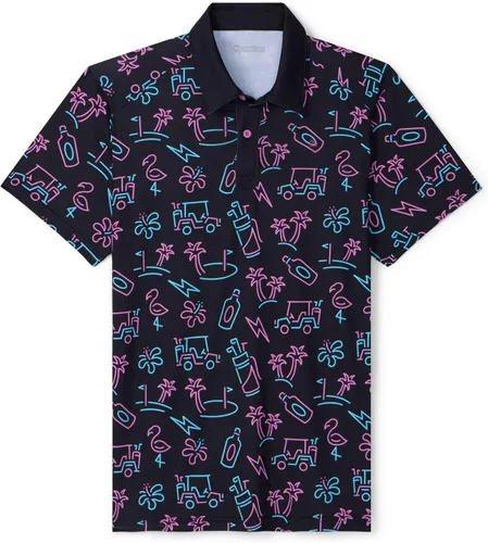 Vista 27 de Tipsy Elves Camiseta polo de golf divertida para hombre - Ropa de golf novedosa Paraíso azul de 8 bits