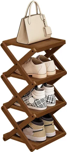Vista 11 de YYW Zapatero plano de bambú para entrada, sin instalación y plegable, pequeño zapatero vertical, ahorra espacio, zapatero estrecho para armario