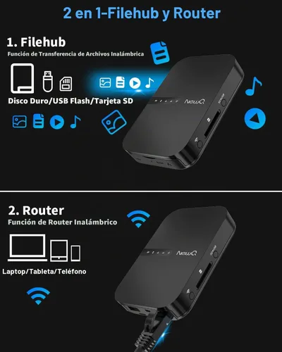 Vista 2 de NEWQ Filehub AC750 Router de viaje: lector de tarjetas SD de disco duro portátil y mini extensor de rango WiFi para viajes Disco duro externo