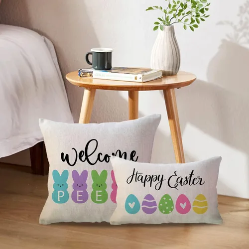 Vista 5 de Fundas de almohada lumbar con texto en inglés «Happy Easter Welcome Peeps», fundas de almohada coloridas de conejo de Pascua, huevos de Pascua