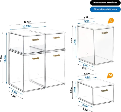 Vista 3 de LALOBLUE Organizador de cajones apilable transparente, paquete de 4 cajones de almacenamiento de acrílico con diseño extraíble, organizador que