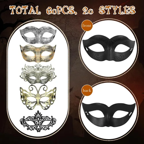 Vista 3 de Sratte 60 máscaras de máscaras vintage antiguas para adultos, máscaras venecianas para carnaval, fiesta de cosplay, actuación