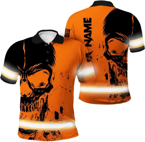 Vista 19 de Maddly Polo de alta visibilidad con diseño de calavera y bandera de Estados Unidos, ropa de trabajo patriótica con nombre personalizado