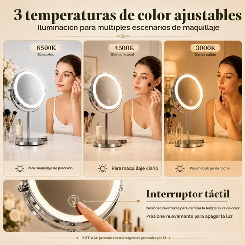 Vista 3 de Ysenchan Espejo de maquillaje iluminado, espejo de aumento LED recargable de 8 pulgadas, espejo de manipulación 5X de doble cara con soporte