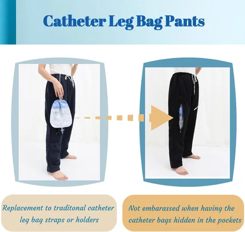 Vista 2 de Pantalones para pierna de catéter, pantalones con soporte para bolsa de orina para hombres y mujeres con bolsillos dobles con cremallera, capacidad
