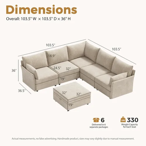 Vista 2 de Sofá seccional modular de gran tamaño de 103.5 pulgadas, sofá convertible en forma de L con otomana móvil, sofás esquineros grandes de 6 asientos
