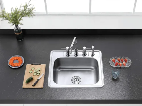Vista 3 de Kingston Brass Gourmetier GKTS2522 - Fregadero de cocina de acero inoxidable de calibre 22, 4 agujeros, con borde automático, acero inoxidable
